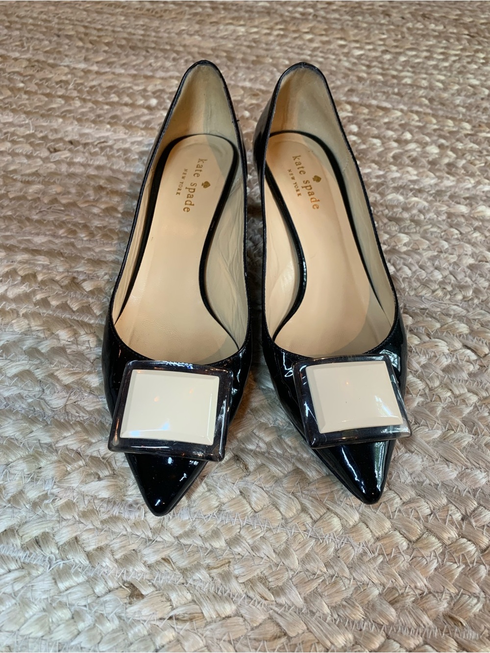 Kate Spade Black Patent Pointed Toe Low Heels with Cream Lucite-Like Accent